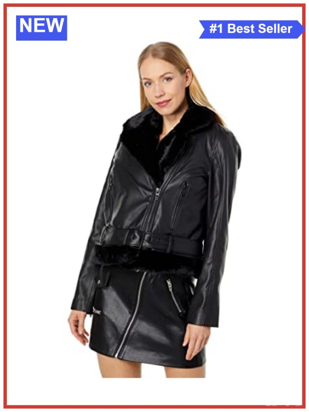 Vegan Leather Moto Jacket with Faux Fur Trim - Women's Coat